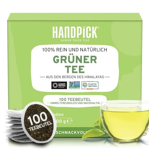 HANDPICK, Grüner Tee Beutel (100 Teebeutel) Glutenfrei & Reiner Grüntee | Runde Grün Tee Beutel, Kein Kleber, Kein Bleichmittel, Keine Schnüre | Heißer/Kombucha Tee Oder Kalter Aufbrühen | Green Tea von HANDPICK