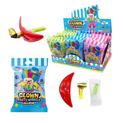 Clown Pfeife Lollipop Party Favor Pack - 24 Stück, Apfel, Erdbeere, Heidelbeere Geschmacksrichtungen - Spaß Clown Party Pfeife Lollipop Bundle von HAPPY GIFTERS