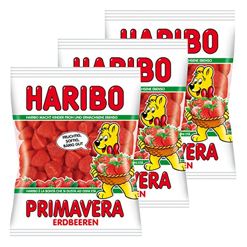 Haribo Erdbeeren Primavera, 3er Pack, Gummibärchen, Weingummi, Fruchtgummi, Im Beutel, Tüte von HARIBO