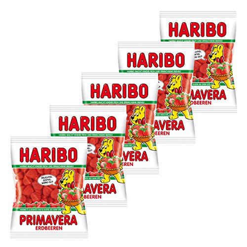 Haribo Erdbeeren Primavera, 5er Pack, Gummibärchen, Weingummi, Fruchtgummi, Im Beutel, Tüte von HARIBO