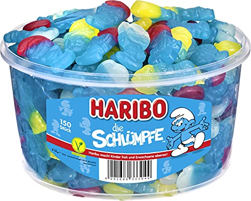 Haribo Schlümpfe in Runddose, 1.35 kg Dose, 150 Schlümpfe für alle Liebhaber der kleinen Bewohner aus Schlumpfhausen mit Geschmacksrichtung Erdbeere und Himbeere von HARIBO