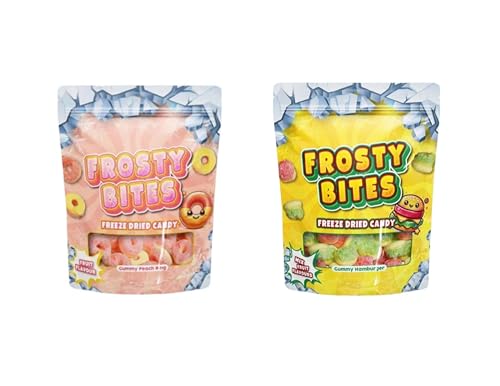 2x Gefriergetrocknete Süßigkeiten – Freeze Dried Candy | Hamburger (50g) & Pfirsichringe (50g) | Frosty Bites | Knusprig & Intensiv von HEART FOR CARDS