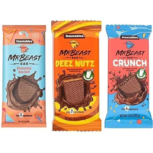 3 x MrBeast Feastables Schokoladenriegel – neues Verkostungspaket mit 3 Geschmacksrichtungen – Milchfrei – Schokolade in 3 Varianten von HEART FOR CARDS