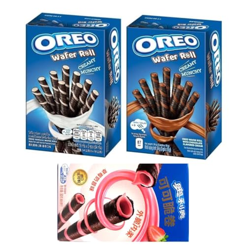 3er Oreo Wafer Roll Probierpaket Mit Vanille, Schokoladen & Erdbeer Rolls - 3x50g Packung - Knusprige Keksrollen mit leckerer Füllung von HEART FOR CARDS