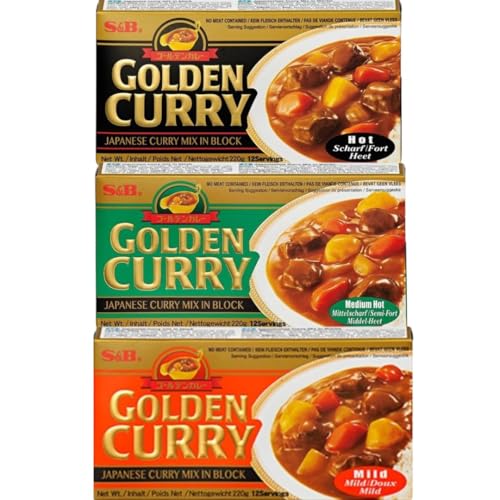 3x 220g S&B Golden Curry Mix | Japanischer Curry-Mix | Vegetarisch | 3 Geschmäcker: Mild, Medium Hot und Hot | Mit Heartforcards® Versandschutz von HEART FOR CARDS