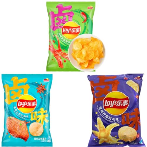 3x70g Asiatische Special Edition Lays - Probierpaket mit Hot Spicy Braised Duck Tongue Flavor, Hot Sour Lemon Braised Chicken Feet Flavor & Spiced Braised Beef Flavor von HEART FOR CARDS