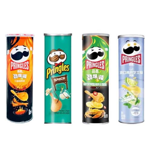 4er Asian Pringles Probierpaket - 4x115g mit den Geschmäckern: SUPER HOT SPICY STRIPS - LIME CHEESE TART - CHILI LEMON CRAB & RANCH von HEART FOR CARDS