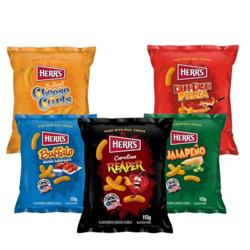 Herr's Chips Probierpaket - Mix 5x113g - mit 1x Herr's Cheese Curls, 1x Jalapeno Curls, 1x Carolina Reaper Curls, 1x Deep Dish Pizza Curls & 1x Bufallo Blue Curls von HEART FOR CARDS