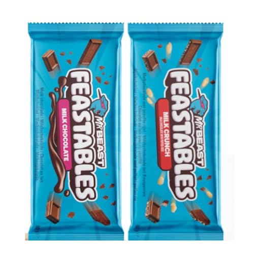 Mr Beast Feastables Schokoladenriegel | 2er-Pack: Milk Chocolate & Milk Crunch | 2 x 60g | Zartschmelzende Milchschokolade pur & mit knusprigem Puffreis von HEART FOR CARDS