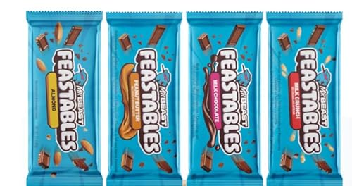 Mr Beast Feastables Schokoladenriegel | 4er-Pack: Peanut Butter, Milk Chocolate, Milk Crunch & Almond | 4 x 60g | Hochwertige Zutaten & unwiderstehlicher Geschmack von HEART FOR CARDS