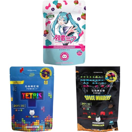 Powerbeärs Probierpaket Fruchtgummis - Gamer PowerUp Snack mit Space Invaders, Hatsune Miku & Tetris - 3x125g Packung von HEART FOR CARDS