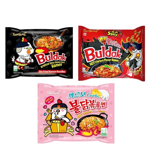 Samyang 3x Buldak Ramen Carbonara, Hot Chicken, 2-fach Spicy Chicken Set Probier Paket Stir Fry Noodles Noodles Geschenk Set von HEART FOR CARDS