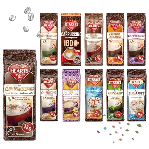 HEARTS Cappuccino Eiskaffee Trinkschokolade Chai Latte - 11 Packungen Mix á 1kg - Exklusives Probierpack - alle Geschmacksrichtungen, Vorteilspack Familienpackung + Überraschung von HEART's