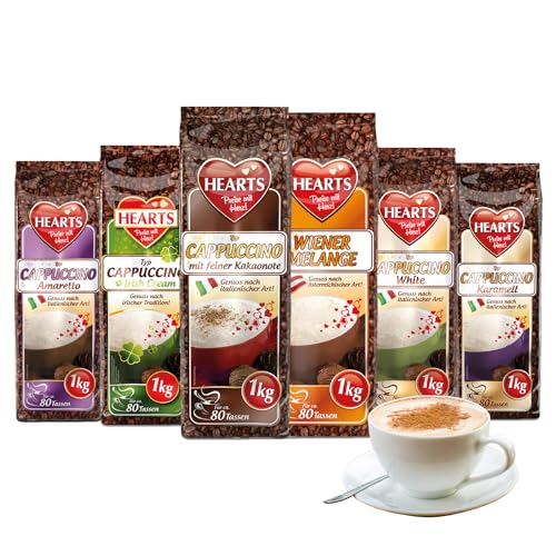 HEARTS Cappuccino Mix, 6er Probierpaket á 1kg (Wiener Melange, Irish Cream, Amaretto, Karamell, White & mit feiner Kakaonote) Familienpackung von HEART's