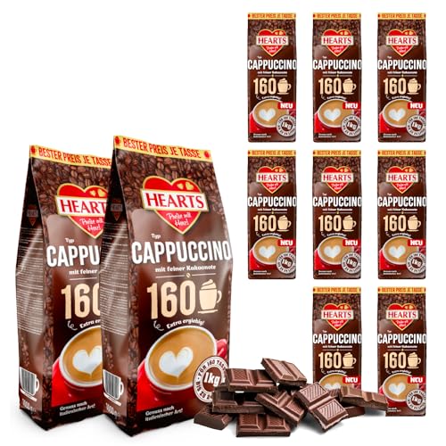 HEARTS Cappuccino mit feiner Kakaonote 10 x 1kg - Vorteilspack - Extra Ergiebig - ca. 1600 Tassen - Milchig & Cremig - Kaffeehaltiges Getränkepulver von HEART's