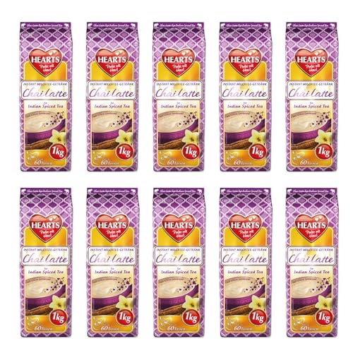 HEARTS Chai Latte 10 x 1kg - Vorteilspack - Instant Milchtee Pulver - Spiced Tea Getränkepulver für Gastro/Zuhause, einfache Zubereitung - reicht für 600 Tassen von HEART's