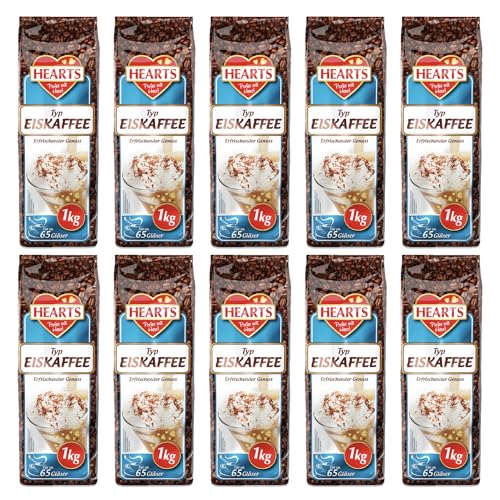 HEARTS Eiskaffee Pulver 10 x 1kg - Vorteilspack, ca. 65 Gläser/Beutel - Löslicher Bohnenkaffee, Ice Coffee als Sommergetränk, Koffeinhaltig & Löslich von HEART's