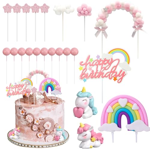 22 Stück Einhorn Tortendeko, Einhorn Kuchen Topper Set mit Einhorn Figuren Cake Topper Regenbogen Kuchen Luftballon Sternen Prinzessin Kuchendeko für Kinder Mädchen Junge von HEAWAA