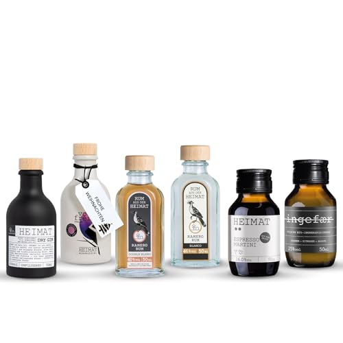 HEIMAT Spirituosen Probierset Miniatur 6x 50 ml | Rum, Gin, Ingwer-Spirituose, Espresso Martini & alkoholfreie Gin Variante | Ideal für Adventskalender zum Selbermachen oder Nikolausgeschenk von HEIMAT