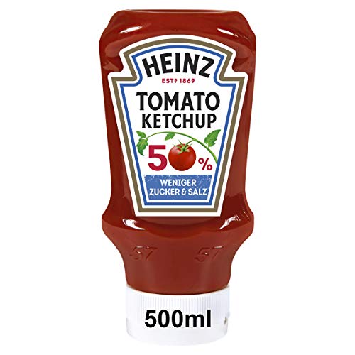 Heinz Tomato Ketchup 50 Prozent weniger Zucker und Salz* – Tomatenketchup in Kopfsteherflasche – 10 x 500 ml von HEINZ