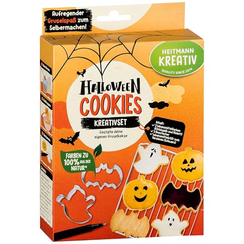 HEITMANN KREATIV - Halloween Cookies Kreativset - Pulverfarben auf Pflanzenbasis - gelb & violett - bunte DIY Cookies zum selbstgestalten mit 3 Ausstechern in Geist-, Kürbis- und Fledermausform von HEITMANN KREATIV