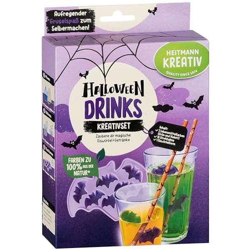 HEITMANN KREATIV - Halloween Drinks Kreativset - Pulverfarben auf Pflanzenbasis - grün & violett - bunte DIY Drinks und Eiswürfel in Fledermausform von HEITMANN KREATIV