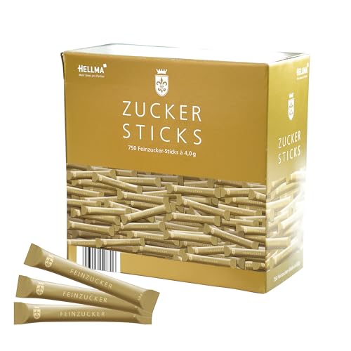 Hellma Zucker-Sticks Goldline 750 Stk. je 4 g - 3 kg Vorrats-Box - Zuckertütchen einzeln, für Kaffee oder Tee von Hellma