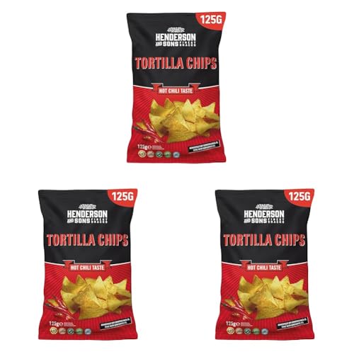 HENDERSON AND SONS Tortilla Chips Hot Chili - 1 x 125 Gramm Beutel - Mais Tortillas mit Chiligeschmack - Perfekter Snack für Sportabende wie American Football oder Fußball (Packung mit 3) von HENDERSON AND SONS