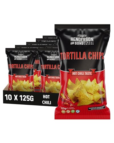 HENDERSON AND SONS Tortilla Chips Hot Chili - 10 x 125 Gramm Beutel - Mais Tortillas mit Chiligeschmack - Perfekter Snack für Sportabende wie American Football oder Fußball von HENDERSON AND SONS