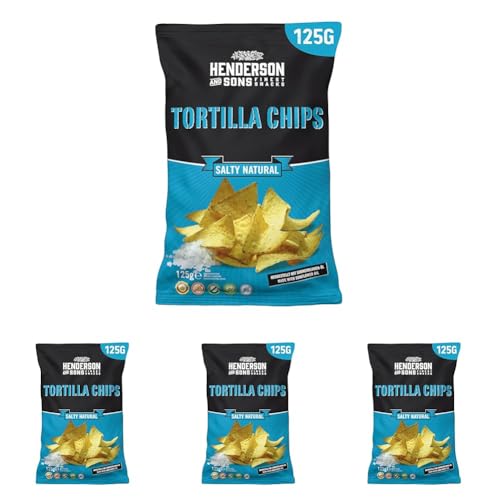 HENDERSON AND SONS Tortilla Chips Salty Natural - 1 x 125 Gramm Beutel - Gesalzene Mais Tortillas - Perfekter Snack für Sportabende wie American Football oder Fußball (Packung mit 4) von HENDERSON AND SONS