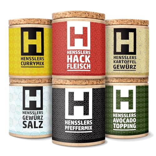 HENSSLERS 6er Gewürz-Set – Gewürz-Salz, Pfeffer-Mix, Curry-Mix, Kartoffel-Gewürz, Hackfleisch-Gewürz und Avocado Topping, zum Braten, Grillen, Verfeinern, Kochen uvm., 5x 80 g und 1x 50 g von HENSSLERS