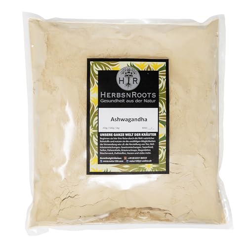 Ashwagandha Pulver 1000g • Echte Ashwagandhawurzel • fein gemahlen • 100% Natur • Ayurveda • ideal zur Zugabe in Goldene Milch, Smoothies, Säfte, uvm. • HerbsnRoots von HERBSNROOTS