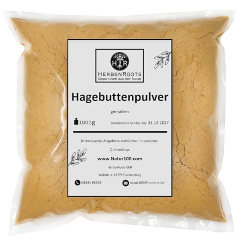 Hagebuttenpulver 1000g • "Arthrose" • Ganze Hagebutte Gemahlen • 100% Natur • reines Pulver aus Kontrolliertem Anbau • Erste Wahl • Abgefüllt in Deutschland • HerbsnRoots von HERBSNROOTS