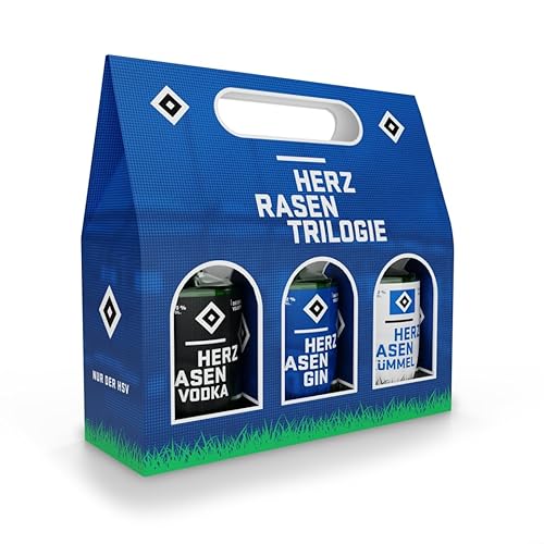 HERZRASEN HSV Geschenk Trilogie Set 3x 100 ml Gin Vodka Kümmel Hamburger Alkohol Geschenkset mit echtem Volksparkstadion Rasen - Premium Geschenke Box von HERZRASEN