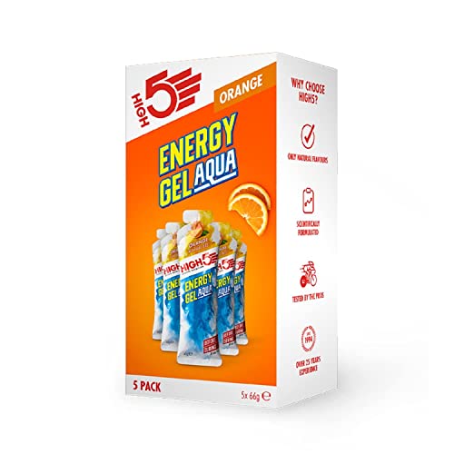 HIGH5 Energy Gel Aqua – Quick Release Sport Gels zur Kraft der Muskeln für Höchstleistung – Natürlicher Fruchtsaft & ohne Koffein – On The Go Energieschub für Laufen, Radfahren und Ausdauer (Orange, 5 von HIGH5