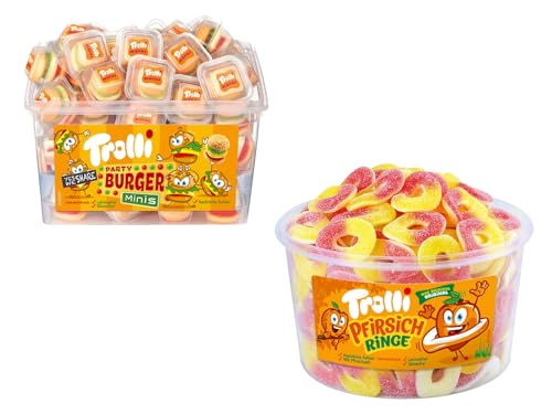 Trolli Dosen Diverse Sets 1er 2er 3er 4er Set Büro Party Mischpaket Grosspackung 1xPfirsichRinge1xBurger & 1xHLKauf-Block von HLKauf