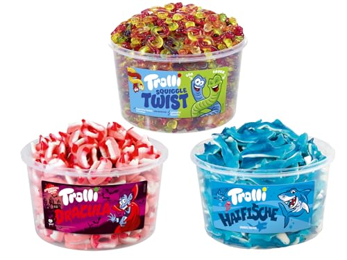 Trolli Dosen Diverse Sets 1er 2er 3er 4er Set Büro Party Mischpaket Grosspackung 1xTwist1xHaifische1xDracula & 1xHLKauf-Block von HLKauf