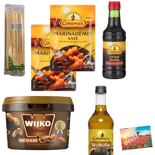 Saté Set groß: Conimex Marinademix Saté, Holzspieße, Conimex Sojasauce, Woköl und Wijko Satésoße I Starterkit für dein Saté-Gericht I Indonesien I Erdnusssauce I Niederlande I Holland-Box by Vriens von HOLLAND-BOX BY VRIENS