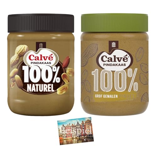 Set 2x Calve 100% Pindakaas fijn + grof gemalen 350g I Erdnussbutter ohne Palmöl zum Frühstück I Protein I creamy Peanutbutter mit und ohne Stückchen I Nussbutter I Gesundheit I Holland-Box by Vriens von HOLLAND-BOX BY VRIENS