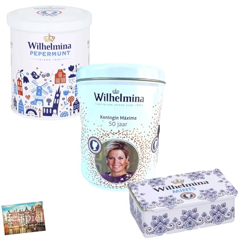 Set 3 verschiedene Fortuin Wilhelmina Metall-Dosen mit Holland-Design mit Pepermunt Pfefferminzbonbons I 1,1 kg I Pfefferminz aus Niederlande I traditionelle Pfefferminzdrops I Holland-Box by Vriens von HOLLAND-BOX BY VRIENS