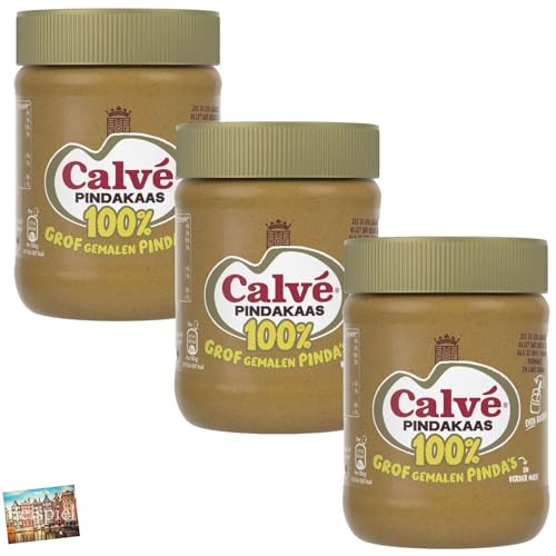 Set 3x Calve 100% Pindakaas grof gemalen 350g I Erdnussbutter mit Stückchen ohne Palmöl zum Frühstück I Protein I cremig & lecker I creamy Peanutbutter I Nussbutter I Holland-Box by Vriens von HOLLAND-BOX BY VRIENS