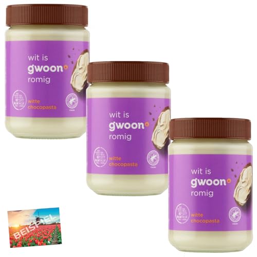 Set 3x Gwoon Witte Chocolade Pasta Weiße Schokoladencreme 400g I süßer Aufstrich für Brot etc. I Brotaufstrich aus den Niederlanden I Schokoaufstrich I weiße Schokolade I Holland-Box by Vriens von HOLLAND-BOX BY VRIENS