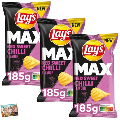 Set 3x Lays MAX Red Sweet Chilli Riffelchips 185g I geriffelte Lays Chips mit maximalen Geschmack I Sweet Chili Geschmack I würzig kross lecker I Chips aus den Niederlanden I Holland-Box by Vriens von HOLLAND-BOX BY VRIENS