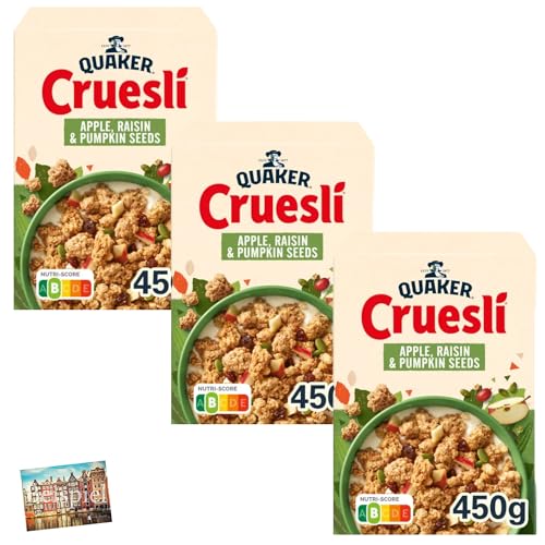 Set 3x Quaker Cruesli Apple, Raisin & Pumpkin Seeds 450g I Müsli mit Apfel, Rosinen und Kürbiskernen I Granola für Joghurt, Milch, etc. I Müsli aus den Niederlanden I Holland-Box by Vriens von HOLLAND-BOX BY VRIENS