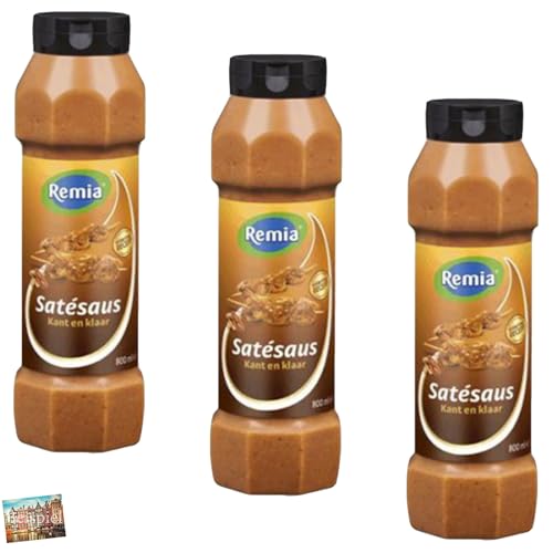 Set 3x Remia Satesaus Kant & Klaar Fertige Erdnusssoße 800ml I Indonesische Erdnusssoße aus Holland I praktische Flasche I Satesoße I Soße für Reis, Hähnchen, Pommes u. anderes I Holland-Box by Vriens von HOLLAND-BOX BY VRIENS