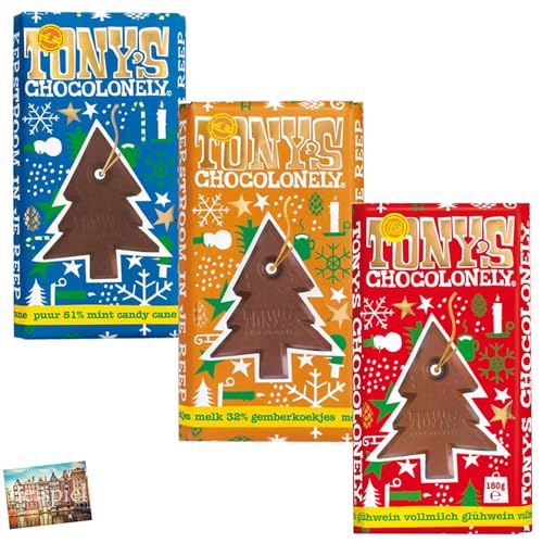 Set 3x Tony's Chocolonely Weihnachtsschokolade Mischung 180g I Tannenbaum zum Herausbrechen I Vollmilch und Zartbitter I Glühwein Lebkuchen Zuckerstange I Weihnachten I Holland-Box by Vriens von HOLLAND-BOX BY VRIENS