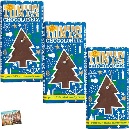 Set 3x Tony's Chocolonely Zartbitterschokolade mit Minze-Zuckerstange 180g I Tannenbaum zum Herausbrechen I Zartbitter I Weihnachtsschokolade I Weihnachten I Nikolaus I Holland-Box by Vriens von HOLLAND-BOX BY VRIENS