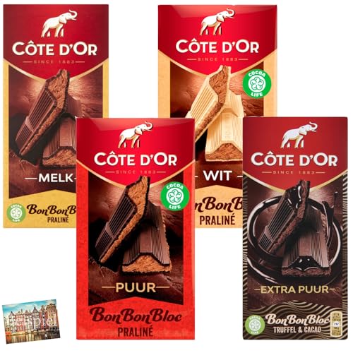 Set 4x Cote D'Or Bon Bon Bloc Schokolade 200g / 190g I Vollmilchschokolade, weiße Schokolade, Zartbitter + extra dunkle Schokolade mit Haselnuss-Praliné Füllung I Haselnuss I Holland-Box by Vriens von HOLLAND-BOX BY VRIENS