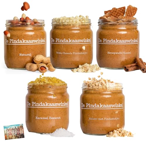 Set 5x De Pindakaaswinkel Erdnussbutter 420 g I Nussbutter ohne Palmöl I Protein I Karamell Meersalz, weiße Schokolade, Natur, Natur mit Stückchen, Stroopwafel I Gesundheit I Holland-Box by Vriens von HOLLAND-BOX BY VRIENS