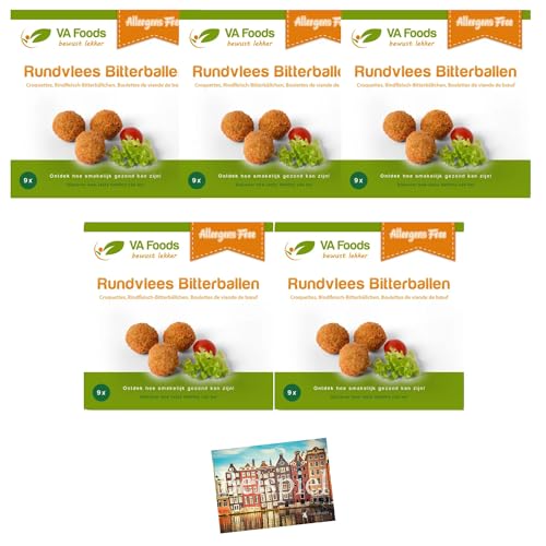 Set 5x VA Foods Rindfleisch Bitterballen 9x25g I holländische Bitterballen I Glutenfrei I Rindfleisch I für Friteuse, Airfryer und Backofen geeignet I Holland-Box by Vriens von HOLLAND-BOX BY VRIENS